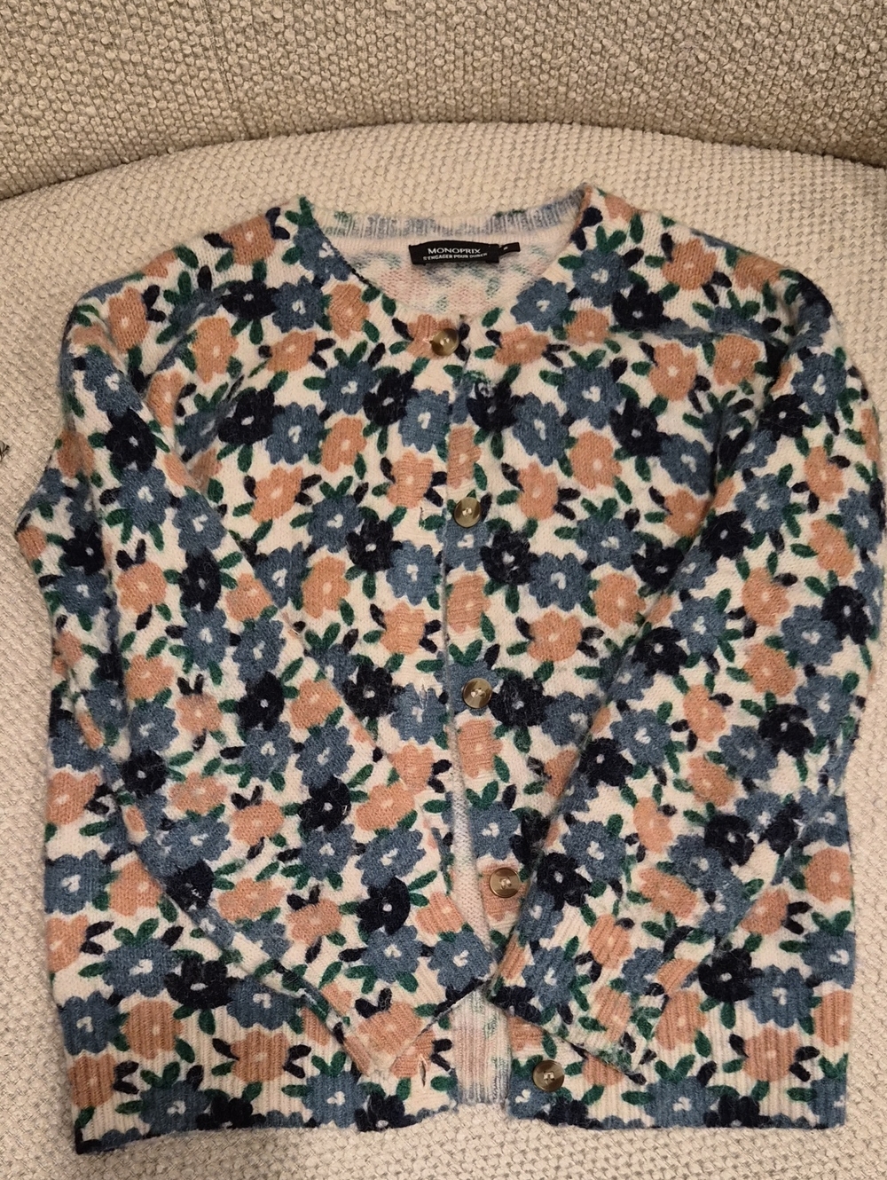 Floral Knit Button Cardigan in Cream, Blue & Tan